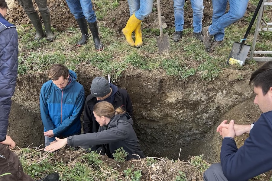 Schulungsteilnehmenden der Bodenschulung stehen in einem ausgehobenen Bodenprofil auf dem Acker. Die Schulungsleitende erläutert.